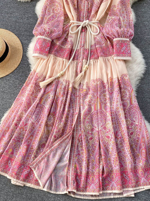 Φθινοπωρινό γιορτινό ροζ μάξι φόρεμα Γυναικεία Ρούχα Turleneck Μακρύ φανάρι με λουλούδι ρετρό στάμπα με ζώνη σιφόν Loose Vestidos