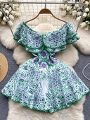 Καλοκαιρινό γιορτινό κέντημα φόρεμα 2024 για γυναικείο σέξι βολάν έξω από τον ώμο με βολάν, κούφιο, ελαστικό φλοράλ μίνι κοντό Vestido