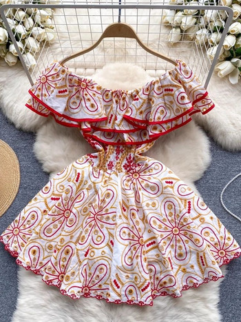 2024 лятна ваканционна рокля с бродерия за дамска секси рокля с отворени рамена и издълбани ръбове, еластична мини къса риза на цветя