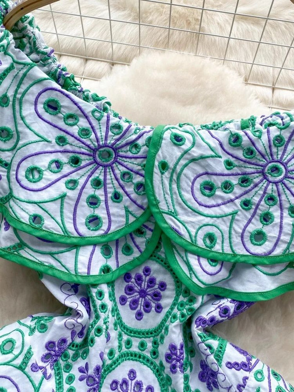 Καλοκαιρινό γιορτινό κέντημα φόρεμα 2024 για γυναικείο σέξι βολάν έξω από τον ώμο με βολάν, κούφιο, ελαστικό φλοράλ μίνι κοντό Vestido