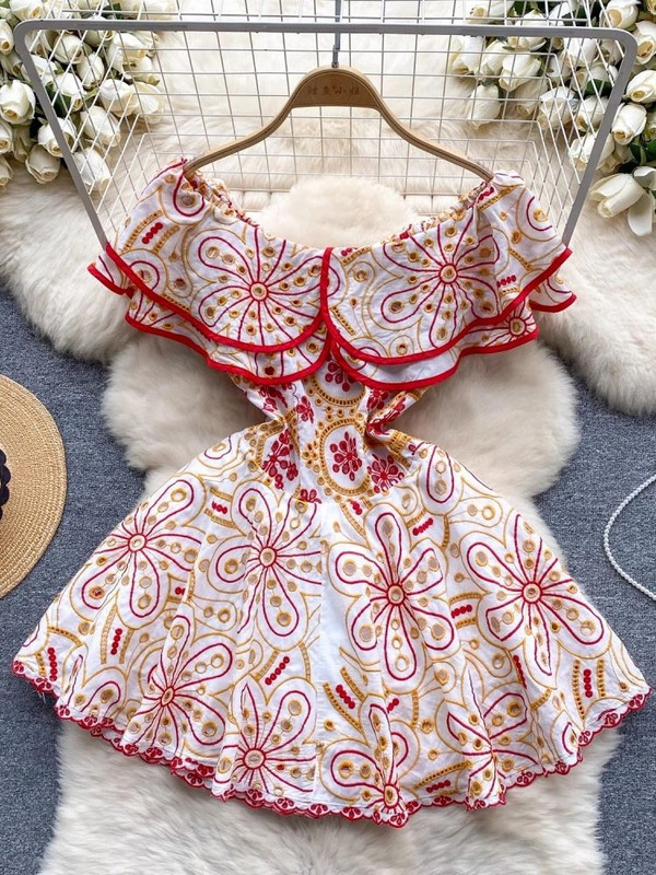 Καλοκαιρινό γιορτινό κέντημα φόρεμα 2024 για γυναικείο σέξι βολάν έξω από τον ώμο με βολάν, κούφιο, ελαστικό φλοράλ μίνι κοντό Vestido