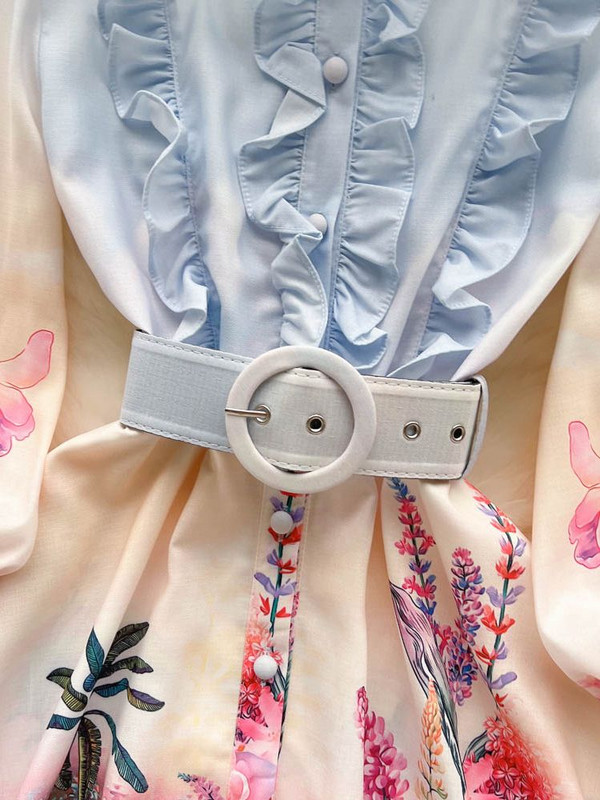 Φθινοπωρινό κομψό κοντό φόρεμα Gradien Γυναικείο λινό σταντ μακρύ φανάρι με λουλούδι στάμπα βολάν Κουμπιά Φύλλα Mini Vestidos