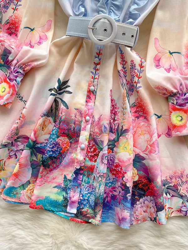 Φθινοπωρινό κομψό κοντό φόρεμα Gradien Γυναικείο λινό σταντ μακρύ φανάρι με λουλούδι στάμπα βολάν Κουμπιά Φύλλα Mini Vestidos