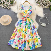 Novi ženski cvjetni modni prekrasni remen bez rukava s V izrezom iz 2024., praznični ležerni ljetni proljetni prsluk s printom Vestidos za plažu