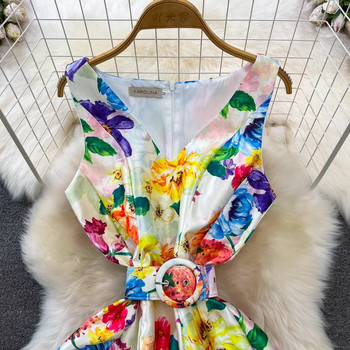 2024 Нова дамска мода с цветя Разкошен колан без ръкави с V-образно деколте Празничен ежедневен летен пролетен принт Жилетка Плажни vestidos