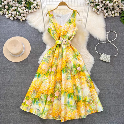 Novi ženski cvjetni modni prekrasni remen bez rukava s V izrezom iz 2024., praznični ležerni ljetni proljetni prsluk s printom Vestidos za plažu