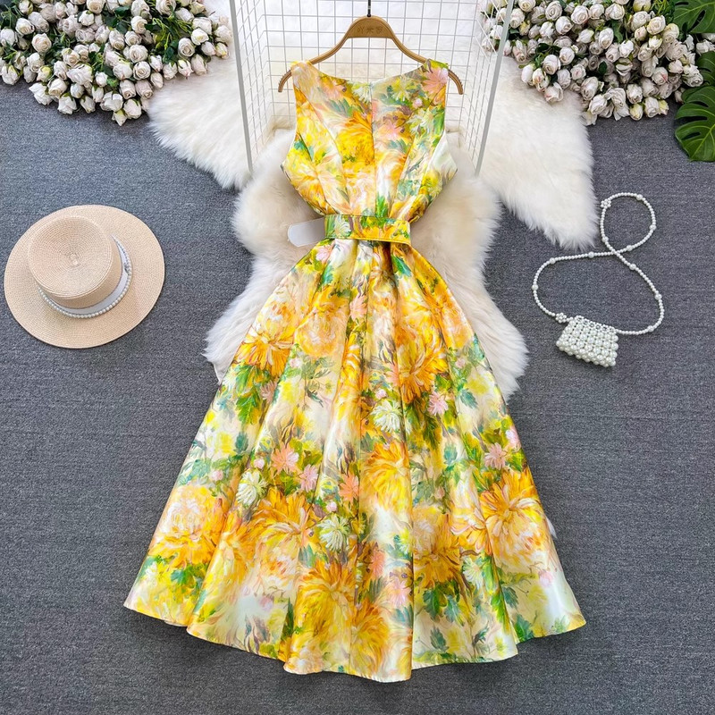 Novi ženski cvjetni modni prekrasni remen bez rukava s V izrezom iz 2024., praznični ležerni ljetni proljetni prsluk s printom Vestidos za plažu