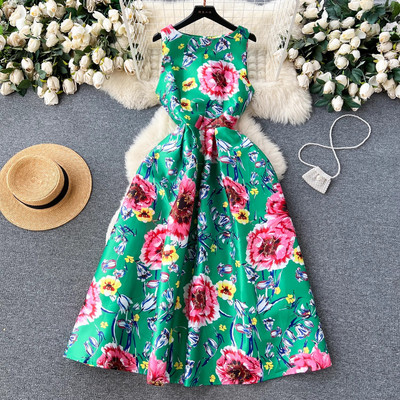 Fashion Elegant Designer Runway Women Summer Print O λαιμό Αμάνικο ψηλόμεσο ντραπέ Casual A Line γιορτινά φορέματα