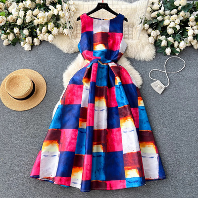 Fashion Elegant Designer Runway Women Summer Print O λαιμό Αμάνικο ψηλόμεσο ντραπέ Casual A Line γιορτινά φορέματα