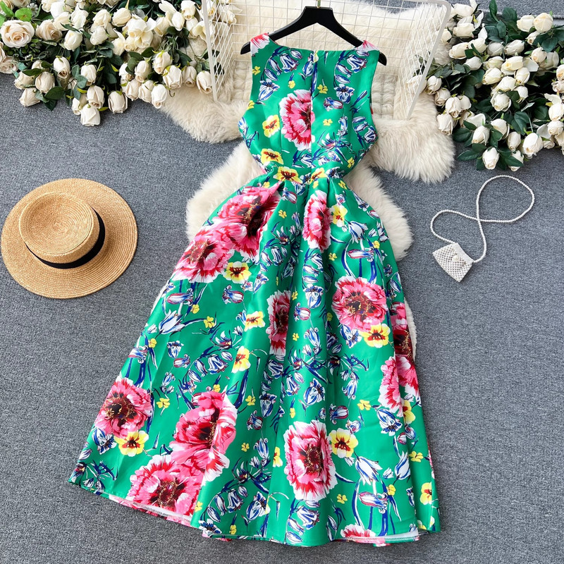 Fashion Elegant Designer Runway Women Summer Print O λαιμό Αμάνικο ψηλόμεσο ντραπέ Casual A Line γιορτινά φορέματα