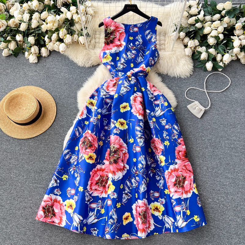 Fashion Elegant Designer Runway Women Summer Print O λαιμό Αμάνικο ψηλόμεσο ντραπέ Casual A Line γιορτινά φορέματα