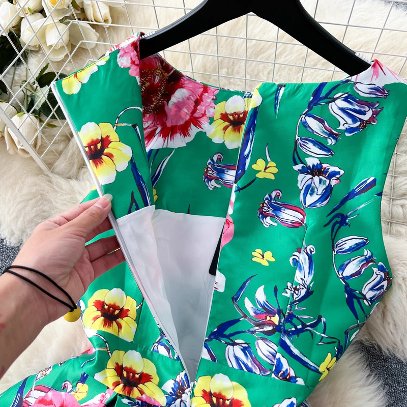 Fashion Elegant Designer Runway Women Summer Print O λαιμό Αμάνικο ψηλόμεσο ντραπέ Casual A Line γιορτινά φορέματα