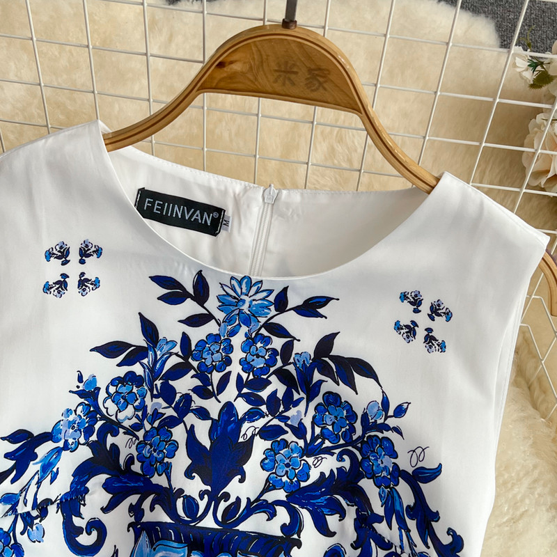 Ženska midi haljina s plavim i bijelim printom od porculana, midi haljina s O-izrezom, ljetna, uska haljina visokog struka, bez rukava, a-kroja N9016