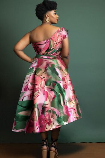 Дамска рокля с голям размер на цветя Елегантна винтидж розова лятна сатенена миди рокля с едно рамо Коктейлна вечерна женска рокля 2024 г.