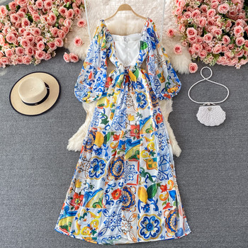 Banulin 2021 Модна дизайнерска рокля Boho Maxi Дамска дълга рокля с фенер, синя и бяла порцеланова парти дълга рокля с флорални щампи