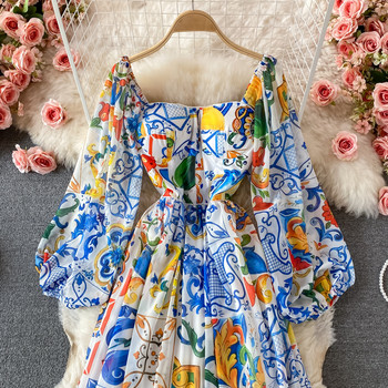 Banulin 2021 Модна дизайнерска рокля Boho Maxi Дамска дълга рокля с фенер, синя и бяла порцеланова парти дълга рокля с флорални щампи