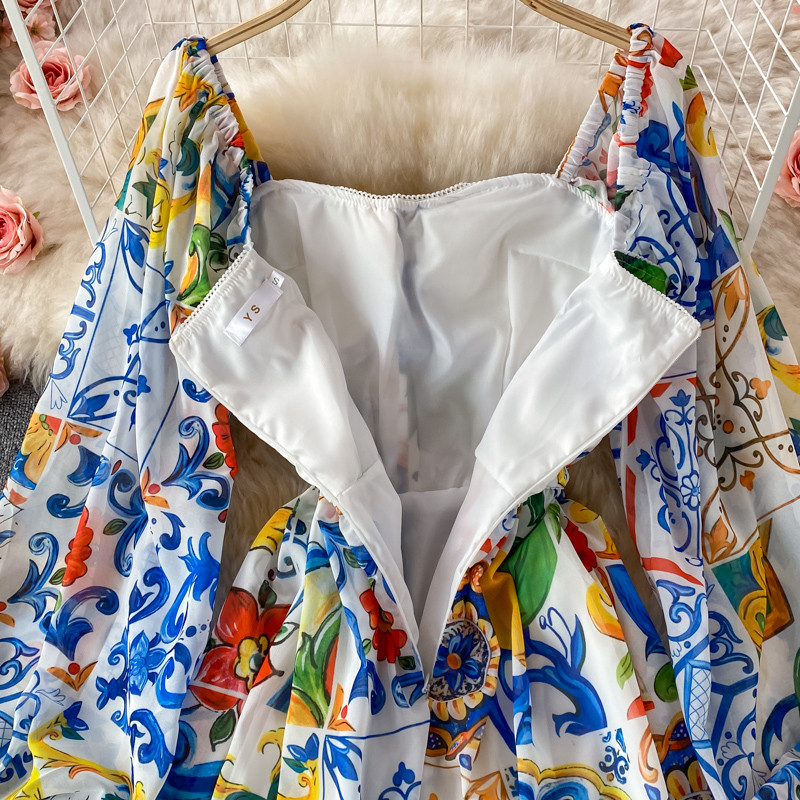 Banulin 2021 Rochie Boho Maxi de designer de modă Rochie lungă de petrecere cu mâneci lungi de lanternă de porțelan albastru și alb cu imprimeu floral