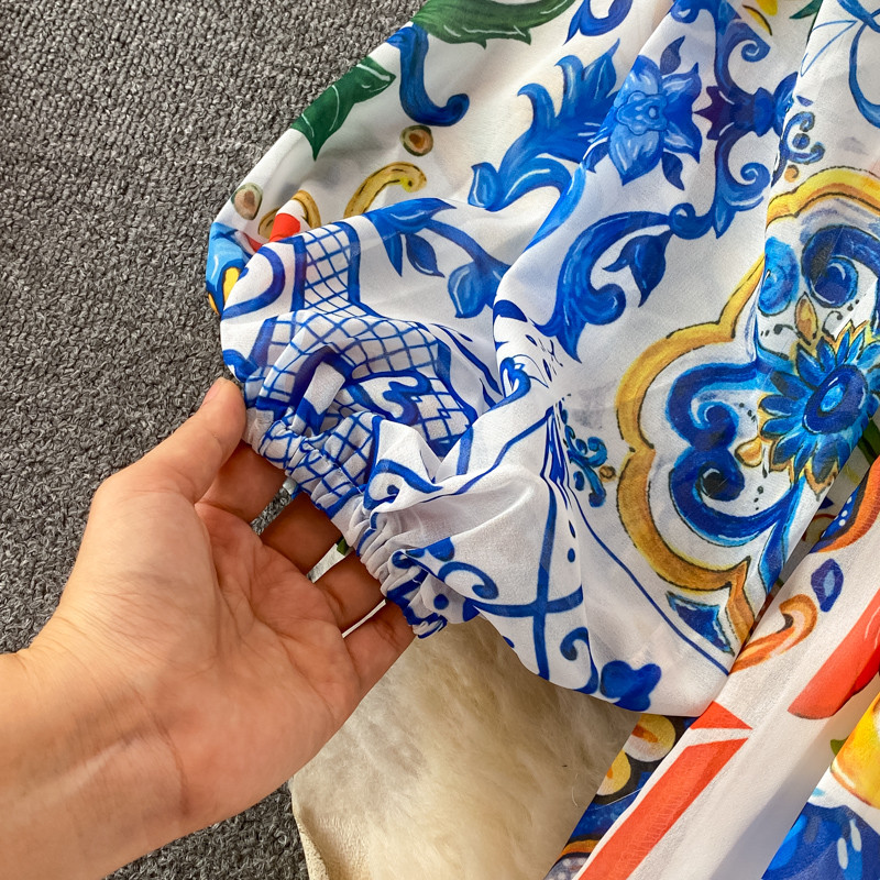 Banulin 2021 Rochie Boho Maxi de designer de modă Rochie lungă de petrecere cu mâneci lungi de lanternă de porțelan albastru și alb cu imprimeu floral