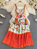 Καλοκαιρινή μόδα Holiday Spaghetti φόρεμα με λουράκι Γυναικείο λαιμό V λαιμόκοψη με κουκκίδα τύπωμα χτύπημα Χρώμα Ψηλόμεση Midi Vacation Vestidos