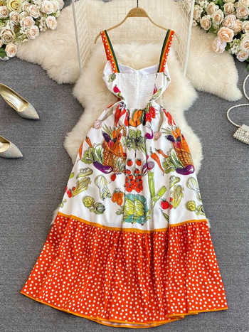 Лятна модна ваканционна рокля с презрамки за спагети Дамска рокля с V-образно деколте и щампа на зеленчукови точки Хит цвят Висока талия Midi Ваканционни vestidos