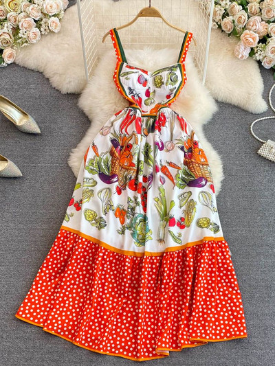 Καλοκαιρινή μόδα Holiday Spaghetti φόρεμα με λουράκι Γυναικείο λαιμό V λαιμόκοψη με κουκκίδα τύπωμα χτύπημα Χρώμα Ψηλόμεση Midi Vacation Vestidos