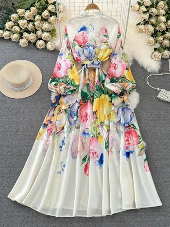 Пролетна празнична макси рокля с лале и цветя, елегантна яка с една греда, колан с ръкав с фенер, абитуриентски халат, дрехи, vestidos