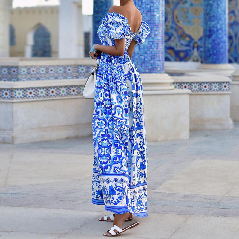 Μόδα ιδιοσυγκρασία Slash Neck Bohemian printed Maxi Φόρεμα Νέο Γυναικείο Κομψό Μακρύ Φόρεμα A-Line με ψηλή μέση Σέξι φαρδύ φόρεμα για πάρτι