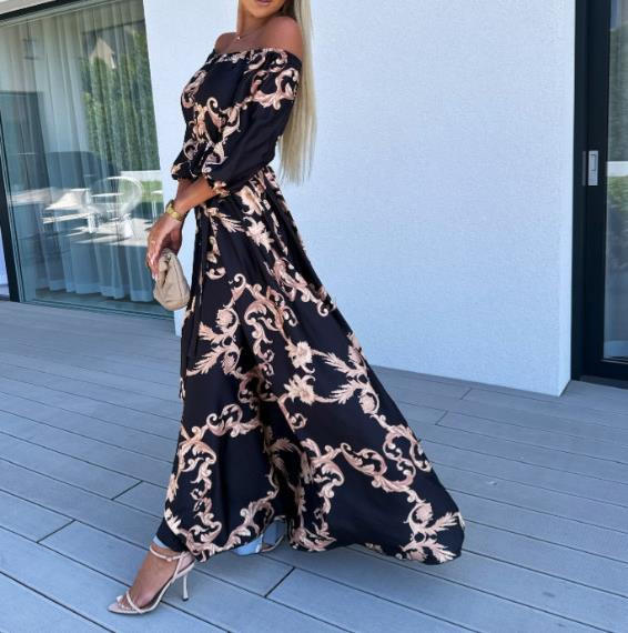 Rochie imprimată pe o linie, stil resort de plajă, 2023, nou vândut la modă, cu jumătate de mânecă pentru femei, cu o formă lejeră