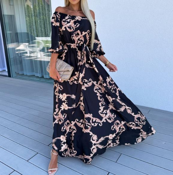 Rochie imprimată pe o linie, stil resort de plajă, 2023, nou vândut la modă, cu jumătate de mânecă pentru femei, cu o formă lejeră