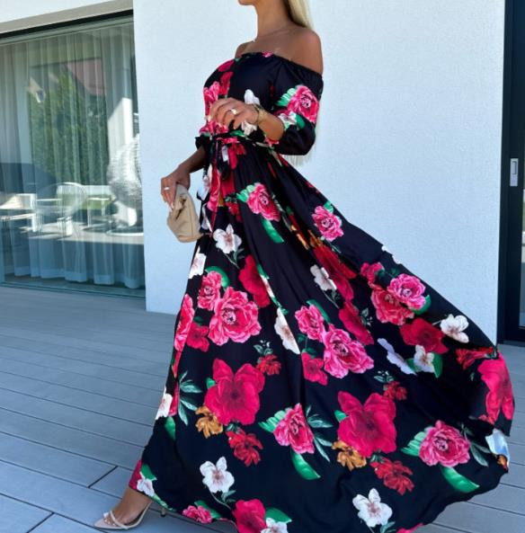 Rochie imprimată pe o linie, stil resort de plajă, 2023, nou vândut la modă, cu jumătate de mânecă pentru femei, cu o formă lejeră