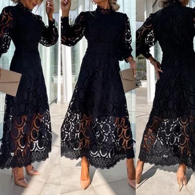 Tavaszi új francia csipke ruha nőknek Elegáns állógallér ingázás egyszínű, hosszú ujjú ruhák nyári brit stílusú szoknyák