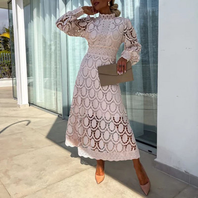 Tavaszi új francia csipke ruha nőknek Elegáns állógallér ingázás egyszínű, hosszú ujjú ruhák nyári brit stílusú szoknyák
