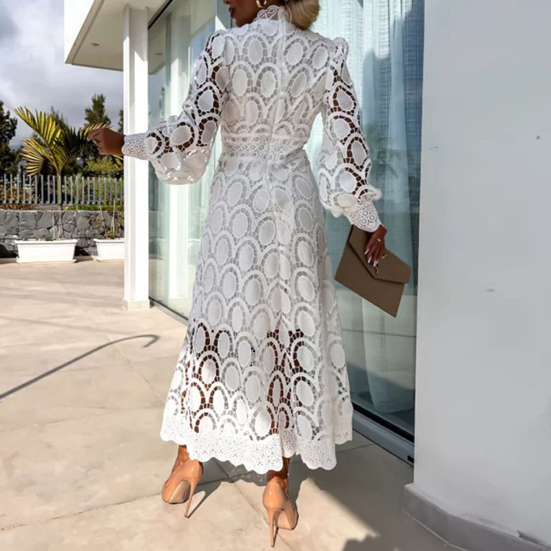 Tavaszi új francia csipke ruha nőknek Elegáns állógallér ingázás egyszínű, hosszú ujjú ruhák nyári brit stílusú szoknyák