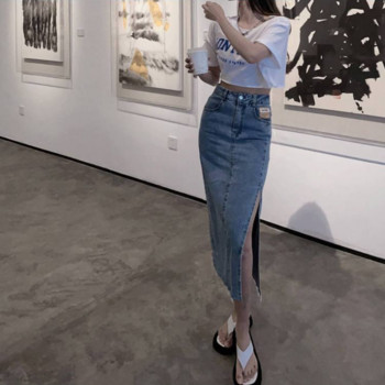 Лятна дамска дънкова пола на ханша Секси ретро тесни с висока талия Елегантна обвивка Естетични дълги миди поли за жени Модни корейски