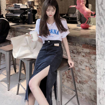 Лятна дамска дънкова пола на ханша Секси ретро тесни с висока талия Елегантна обвивка Естетични дълги миди поли за жени Модни корейски