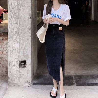 Nyári női farmer szoknya csípő szexi vintage feszes, magas derekú elegáns borítás Esztétikus midi hosszú női szoknya koreai divat divat