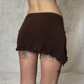 Xeemilo Y2K Мини пола с неправилна форма и шнурове Ретро кафява секси бандажна пола с ниска талия Летен шик Streetwear Къса рокля