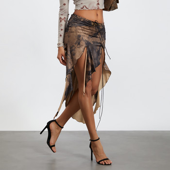 Дамска пачуърк пола Мода за възрастни, едноцветни неправилни дантелени подгъви, плисирани кръстосани бандажни поли