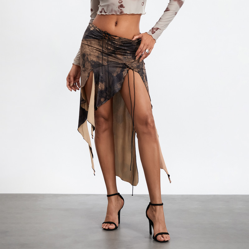 Naiste lapitehnikas seelik Moodne täiskasvanutele mõeldud ühevärviline Ebaregulaarne pitsäärne nööriga plisseeritud ristsidemega seelikud