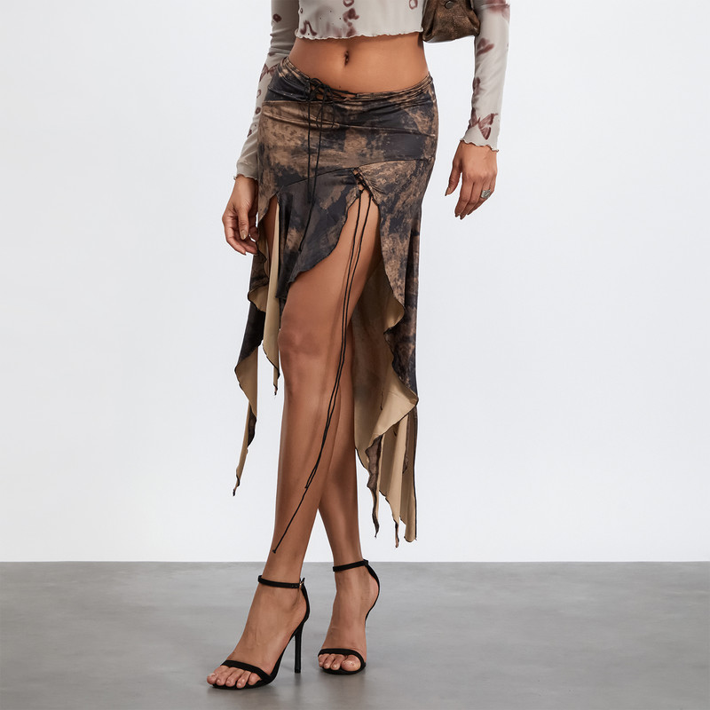 Naiste lapitehnikas seelik Moodne täiskasvanutele mõeldud ühevärviline Ebaregulaarne pitsäärne nööriga plisseeritud ristsidemega seelikud