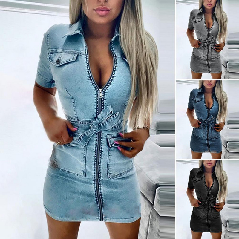 Női divat rövid ujjú farmer ruha elöl cipzáras kötszer Farmer Bodycon zsebek ruhák női hajtóka vékony mini ruha