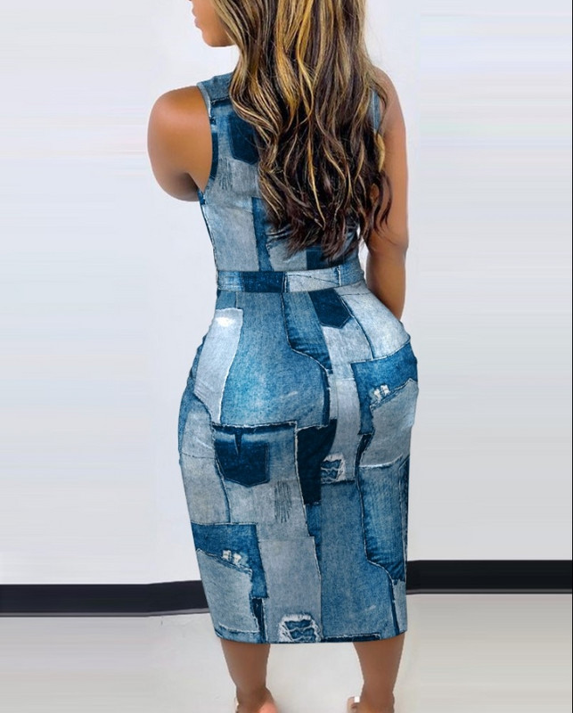 Γυναικεία Φορέματα 2022 Καλοκαιρινό τζιν με τύπωμα Casual mock λαιμόκοψη αμάνικο σέξι σχισμή Skinny καθημερινό μίντι φόρεμα με ζώνη