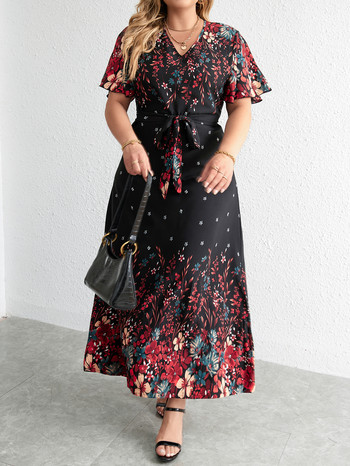 Ежедневна рокля с голям размер Дамско лято 2023 г., Дълга рокля с V-образно деколте и къс ръкав с флорален принт Черна дамска рокля с извити размери