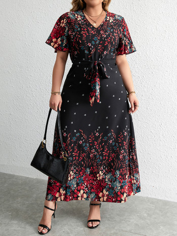 Ежедневна рокля с голям размер Дамско лято 2023 г., Дълга рокля с V-образно деколте и къс ръкав с флорален принт Черна дамска рокля с извити размери