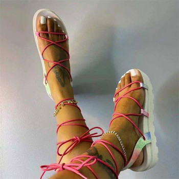 Нови дамски гладиаторски чехли Дамски ежедневни обувки с клин на платформа и кръстосани връзки Летни секси дамски плоски сандали с обвивка на глезена