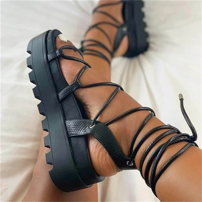 Papuci gladiatori noi pentru femei, cu platformă, cu pană încrucișată, pantof casual, vară, sexy, pentru femei, sandale plate cu șireturi.