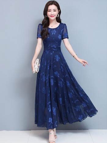 Винтидж сини дрехи за жени 2023 Макси рокля от шифон на цветя Парти Елегантни бохо летни корейски модни дълги шикозни вечерни рокли