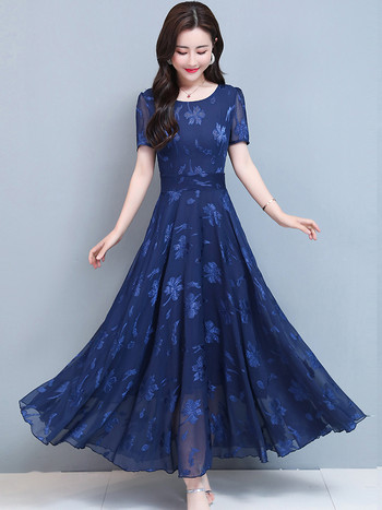 Винтидж сини дрехи за жени 2023 Макси рокля от шифон на цветя Парти Елегантни бохо летни корейски модни дълги шикозни вечерни рокли