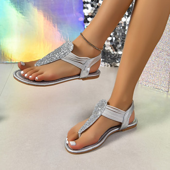Нови лъскави сребърни гладиаторски сандали с пайети Дамски летни сандали с плоски пръсти в бохемски стил Дамски плажни джапанки с голям размер 43