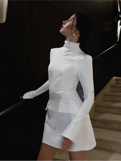 Elegáns piros női zsebes mini ruha Elegáns, félmagas gallérral ellátott, hosszú ujjú ingázási ruhák 2023-as női szolid testű A-vonalú köntös